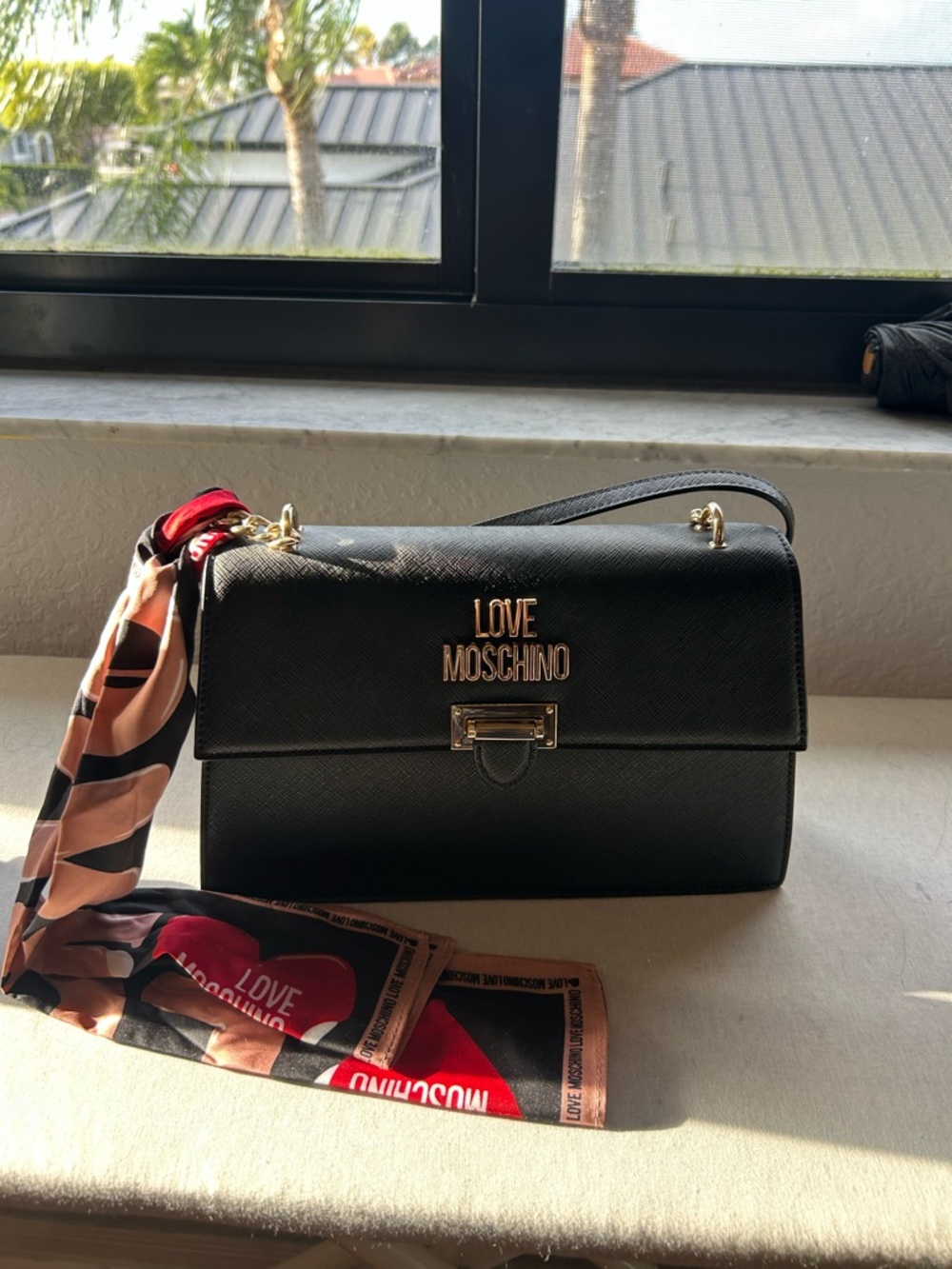 Love Moschino Black Crossbody Bag with Printed Scarf Accent
